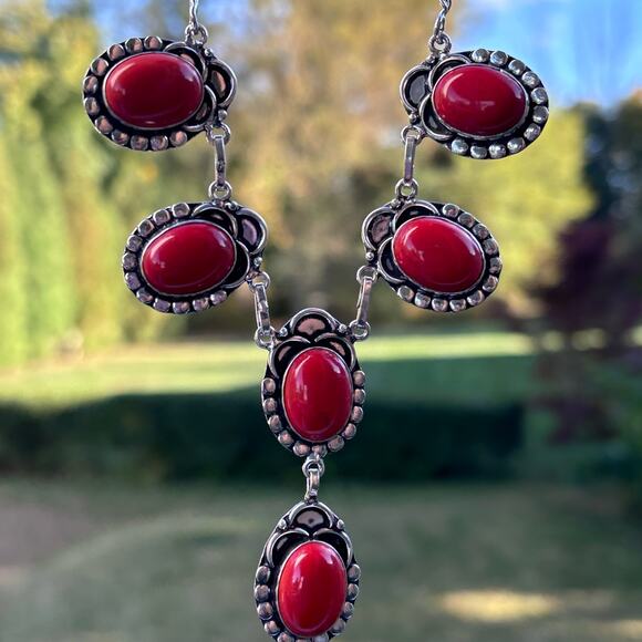 925 Sterling Red Coral Necklace & Earring Set 20" - Picture 3 of 6